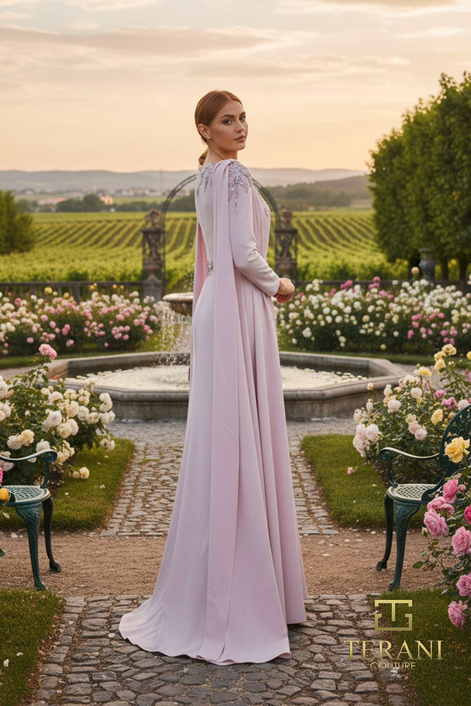 TERANI 261M6465 Dress Boat Neck Stretch Twill Sheath Gown with Long Sleeves