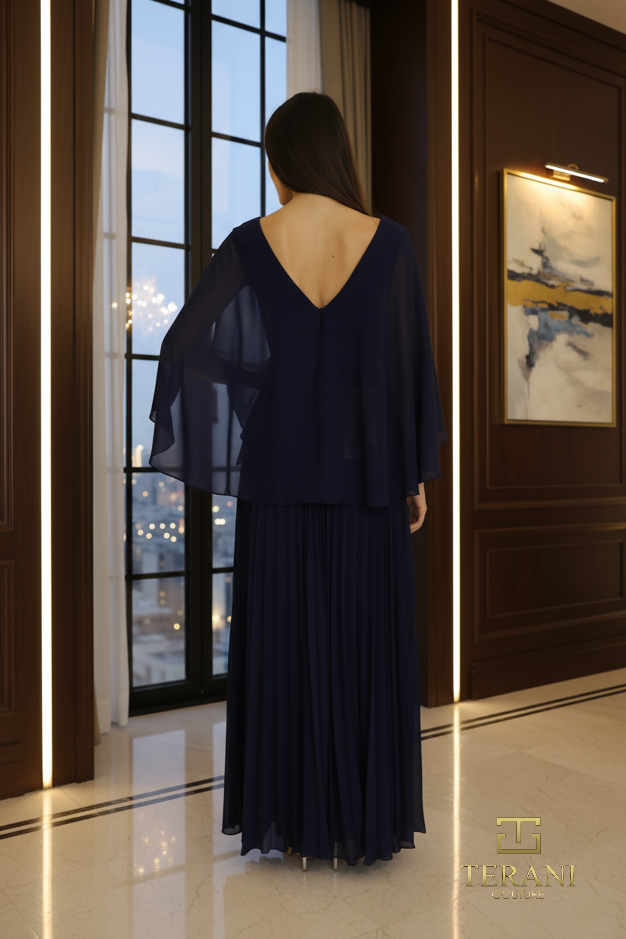 V-Neck Chiffon A-Line Gown with Flowing Cape Sleeves - 261M6681