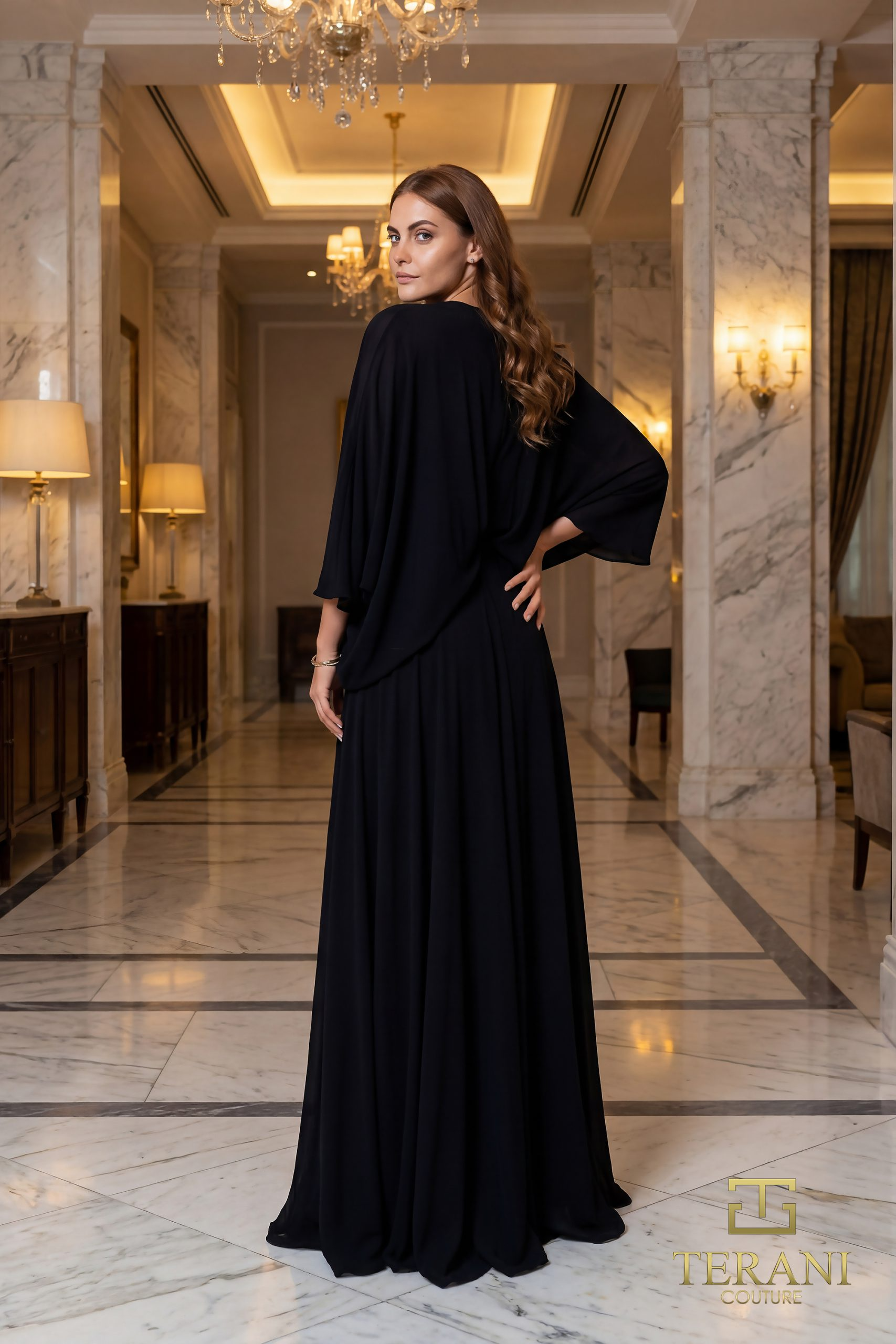 Deep V Georgette A-Line Gown with Slit