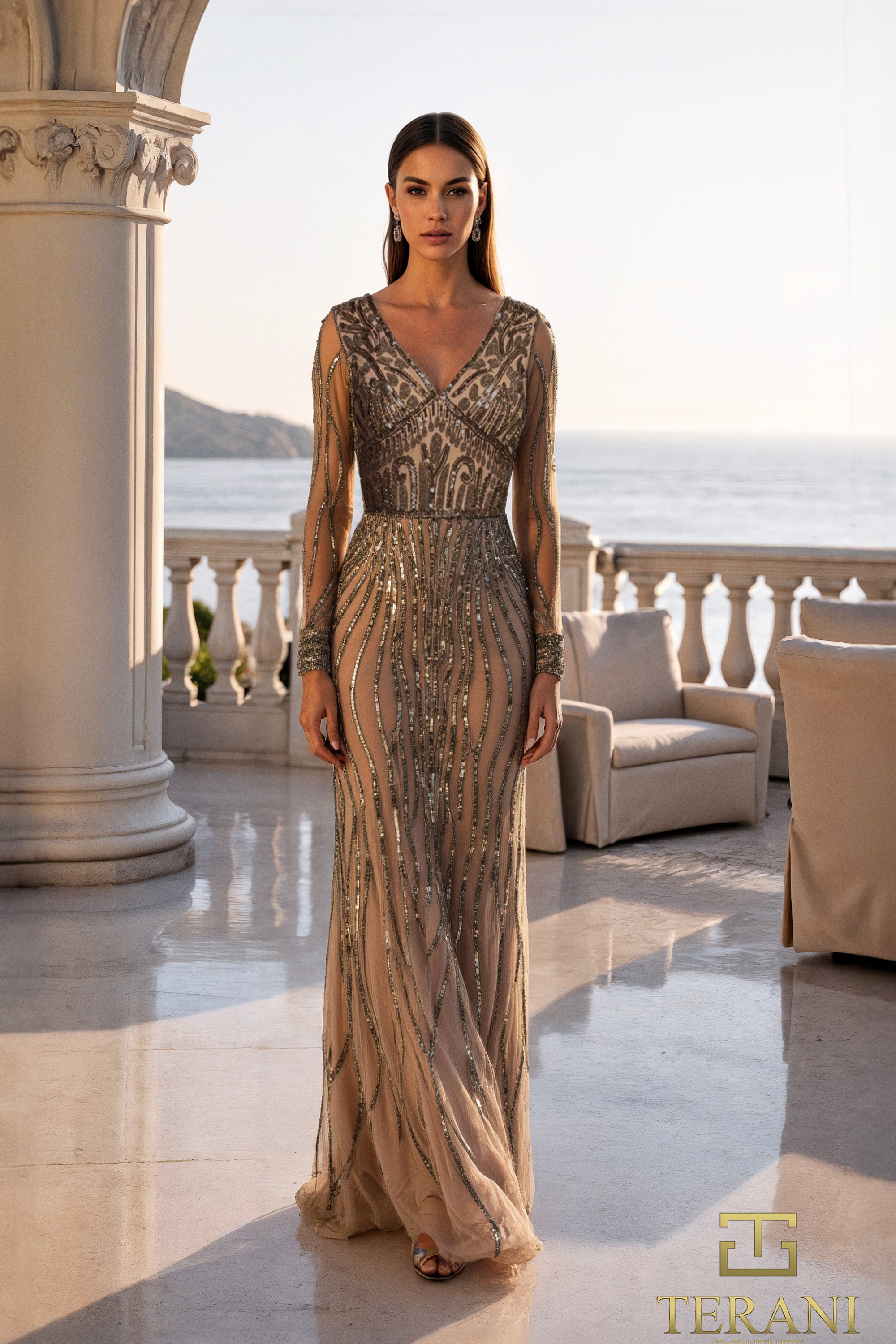 gold beaded long sleeve dress Beaded Long Sleeve A-Line Gown by Cinderella Divine CD0240
