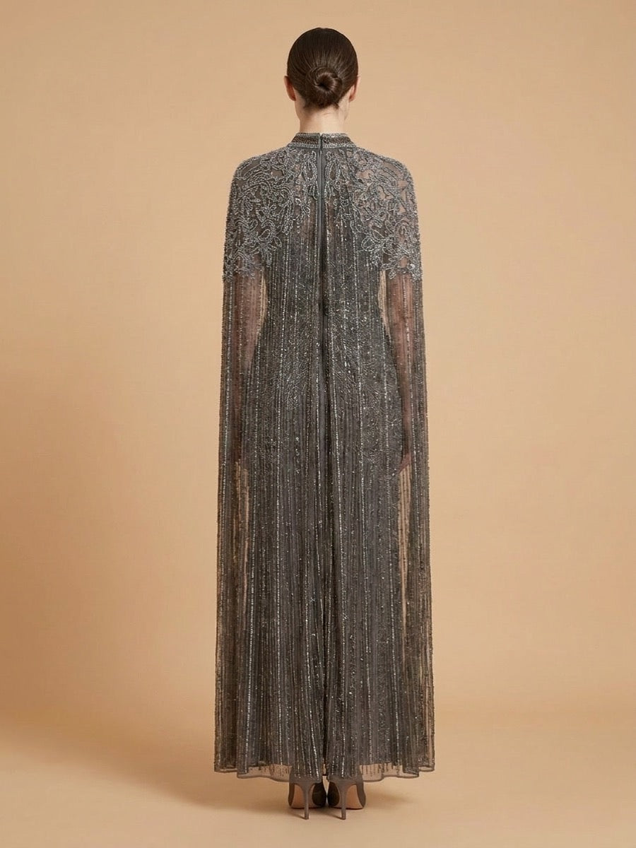High Neck Beaded Dress with Long Cape | 28834