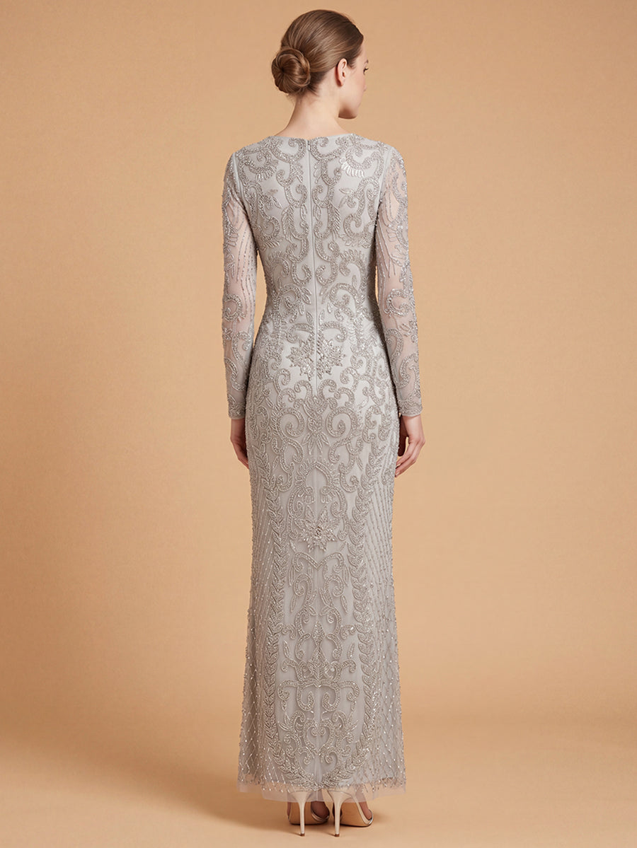 Long Sleeve V-Neck Beaded Evening Gown | 28836