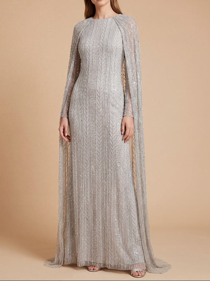 High Neck Linear Beaded Dress with Long Cape | 28837