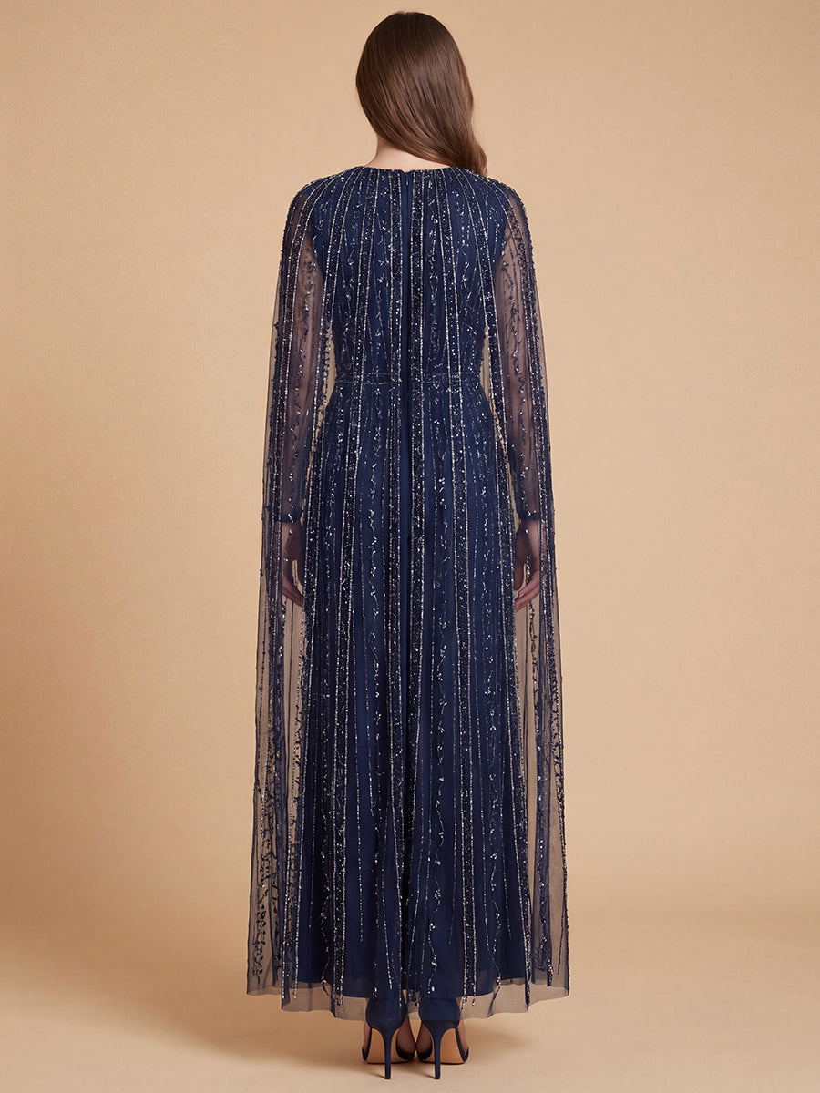 V-Neck Linear Beaded Dress with Long Cape | 28838