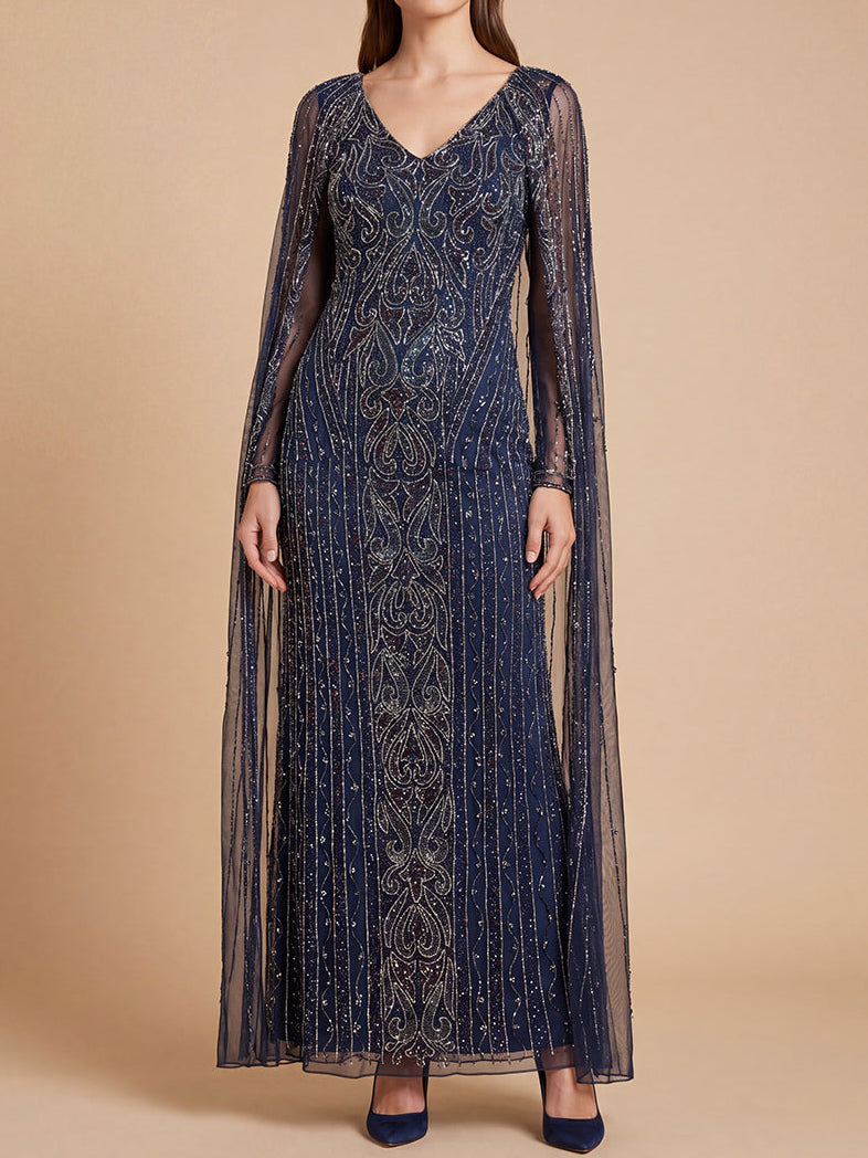 V-Neck Linear Beaded Dress with Long Cape | 28838
