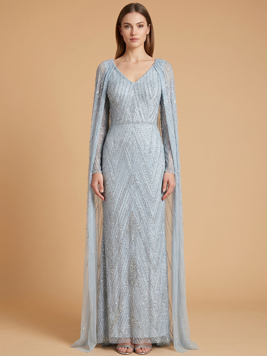 V-Neck Beaded Dress with Long Cape | 28839