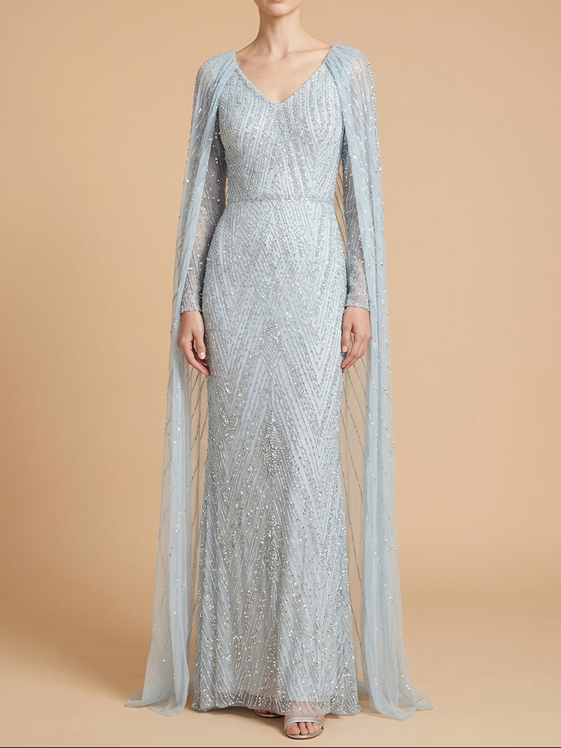V-Neck Beaded Dress with Long Cape | 28839