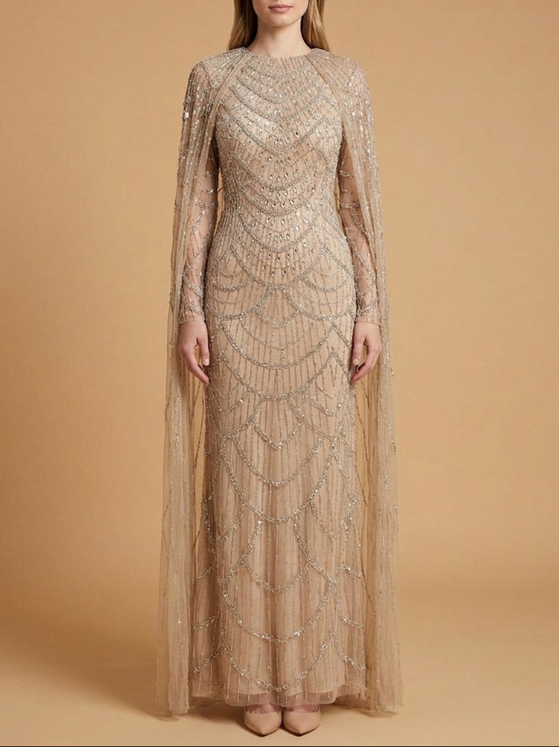 High Neck Beaded Dress with Long Cape | 28840