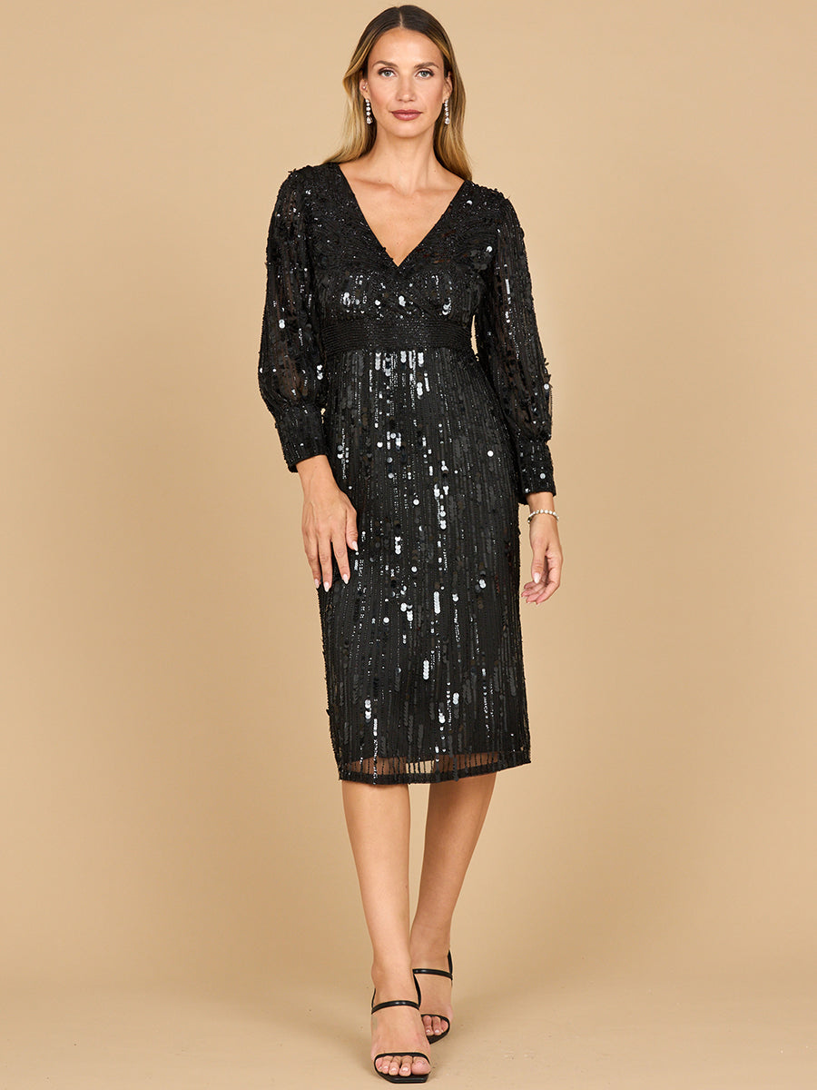 Lara 28855 Beaded Long Sleeve Mother of Bride Dress Knee Length V-Neck Cocktail Attire Black / 10