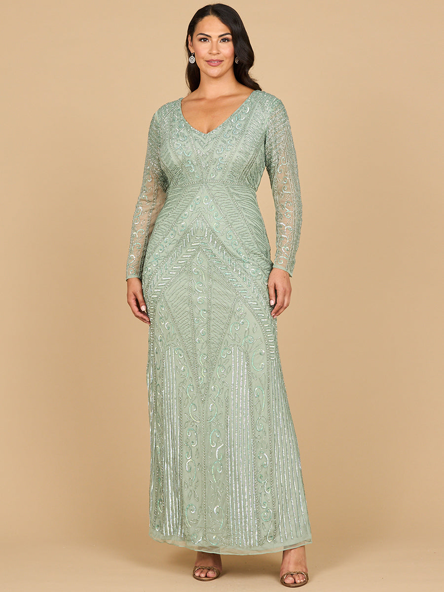 Lara 28875- Long Sleeve Geometric Beaded Gown