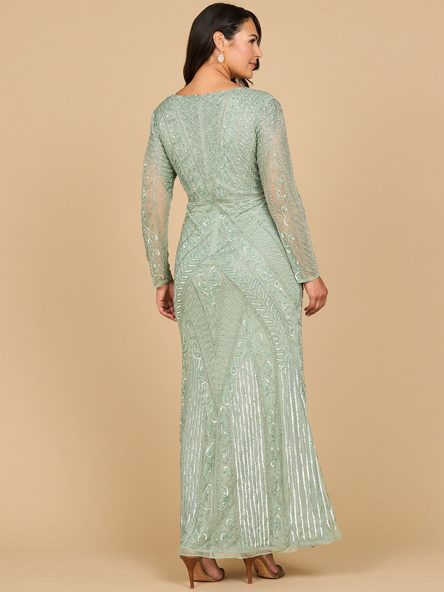 Lara 28875- Long Sleeve Geometric Beaded Gown