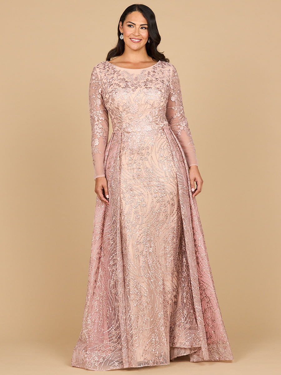 Long Sleeve Gown with Overskirt & Illusion Neckline