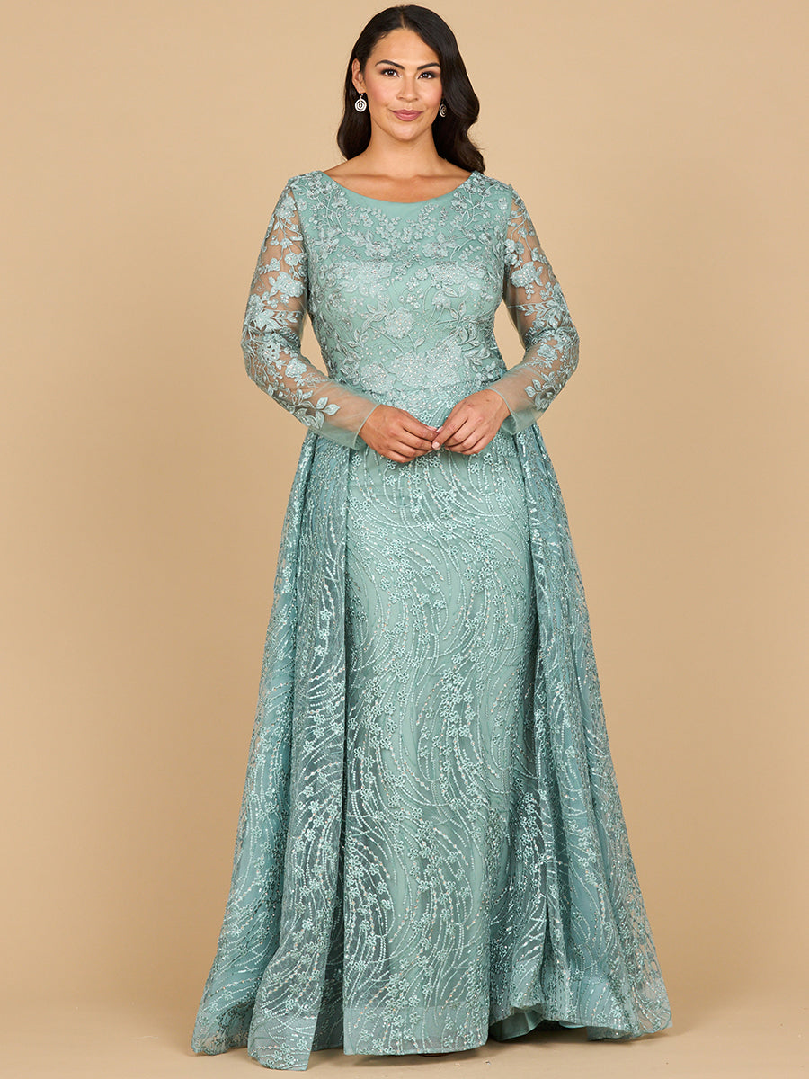 Long Sleeve Gown with Overskirt & Illusion Neckline
