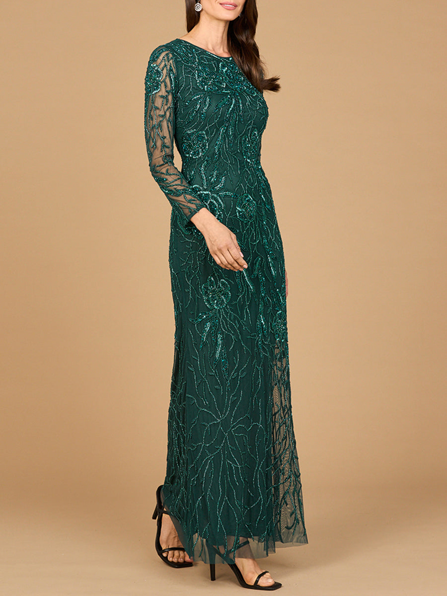 High Neck, Long Sleeve Beaded Gown