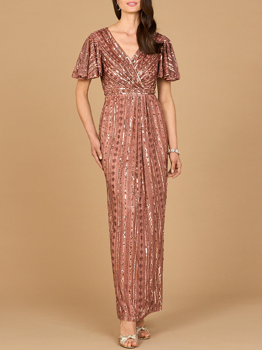 Fully Beaded Gown with Flutter Sleeves