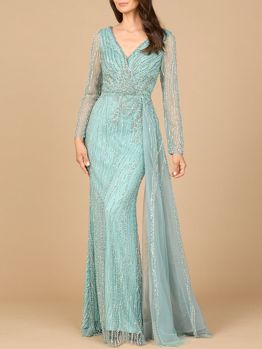 Long Sleeve V-Neck Gown with Drape