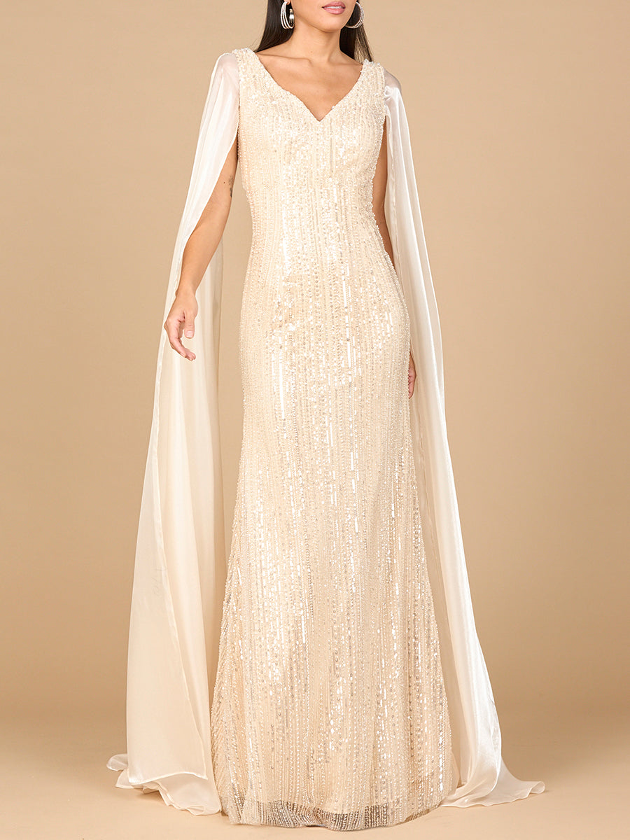 champagne cape dress Elegant Champagne Embellished Evening Dress with Cape Sleeves SS538