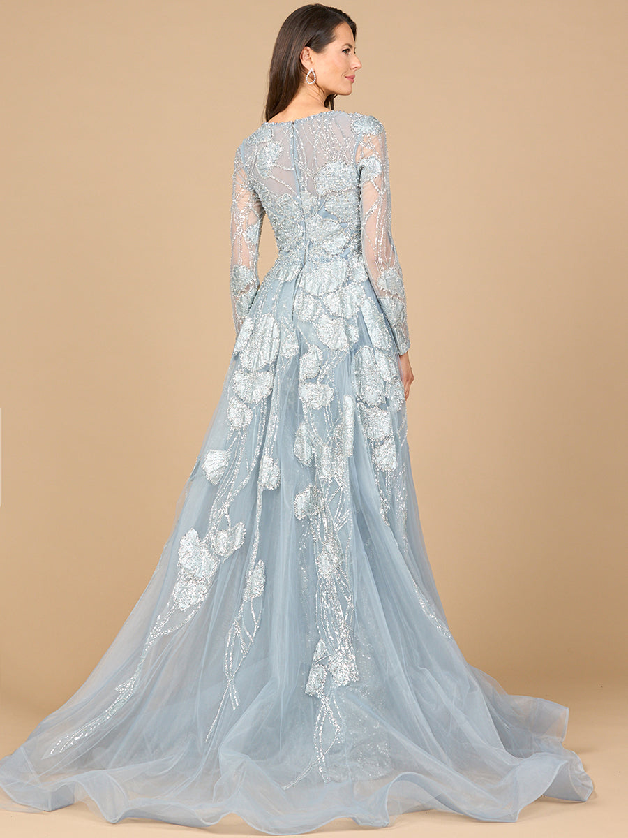 Long Sleeve Lace Gown with Overskirt