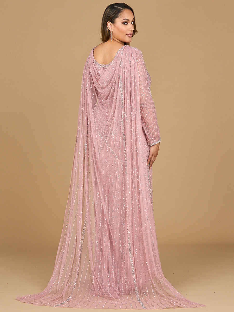 Long Sleeve Beaded Gown with Cape
