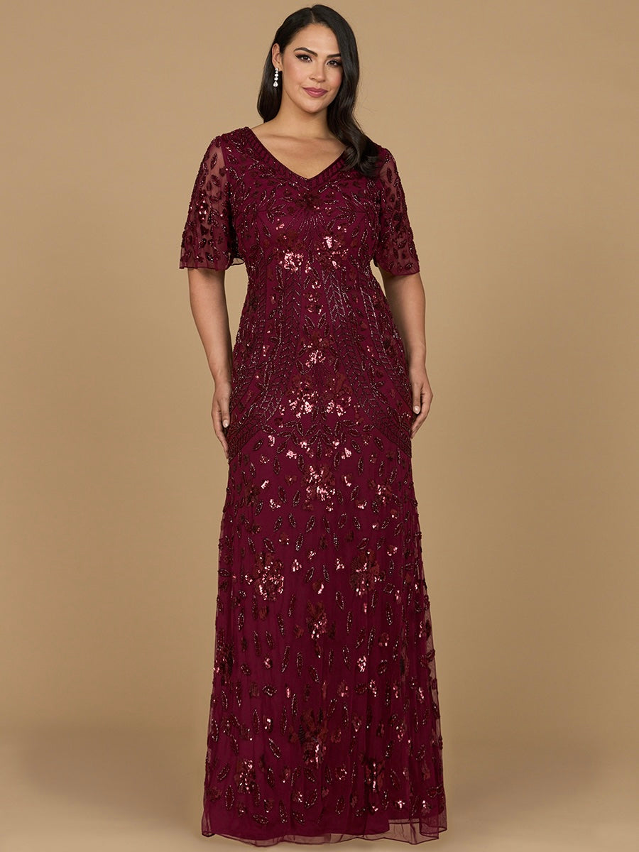 V-Neck, Cape Sleeve Beaded Gown