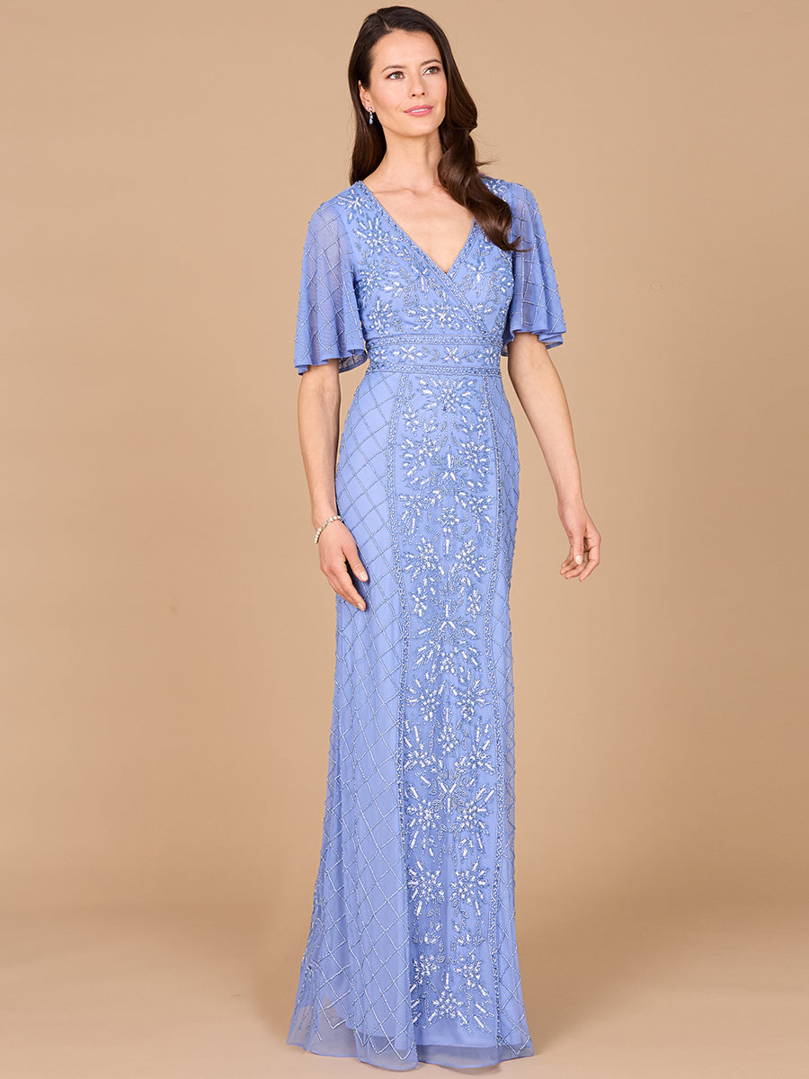 V-Neck, Cape Sleeve Beaded Gown