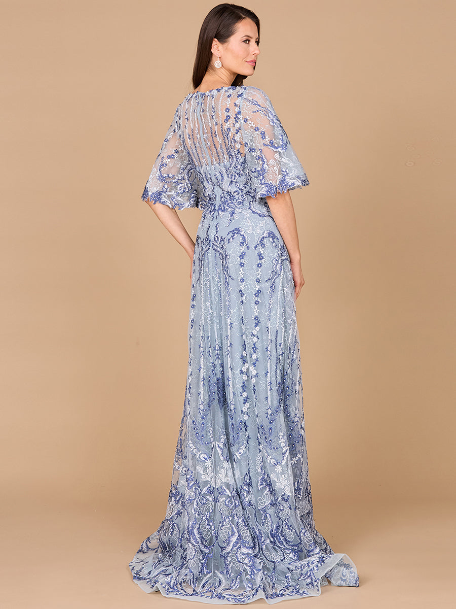 Embroidered, Cape Sleeve A-line Gown