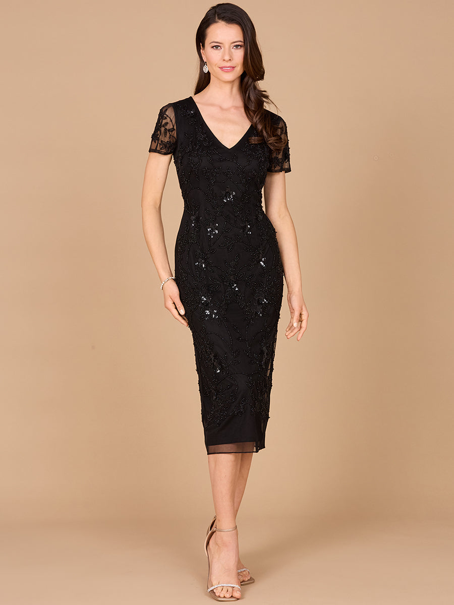 Beaded Midi Dress with Cap Sleeves
