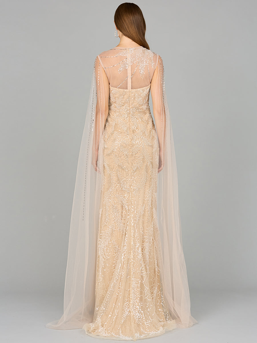 Long Cape Beaded Gown