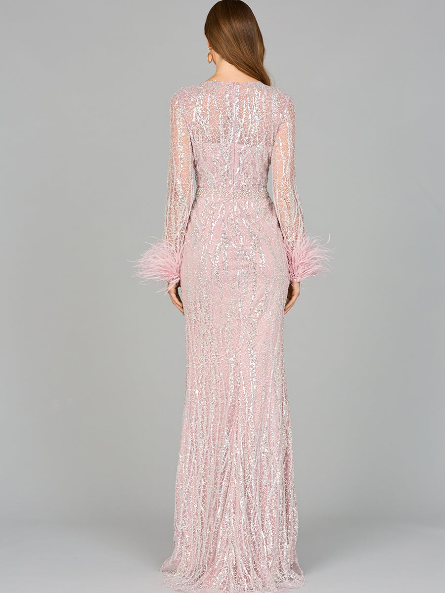 Long Sleeve Sheath Gown with Feathers