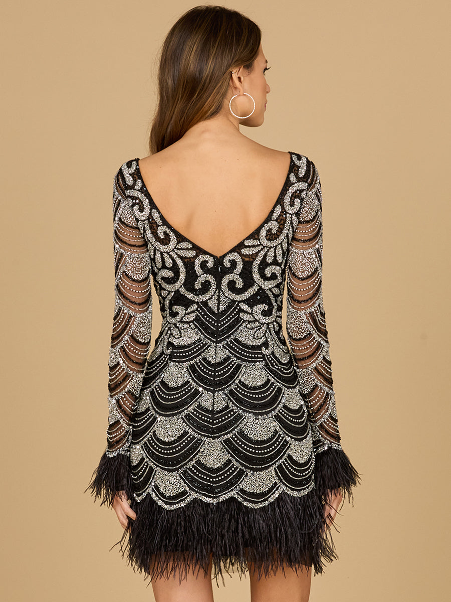Beaded Short Dress with Feathers and Sleeves