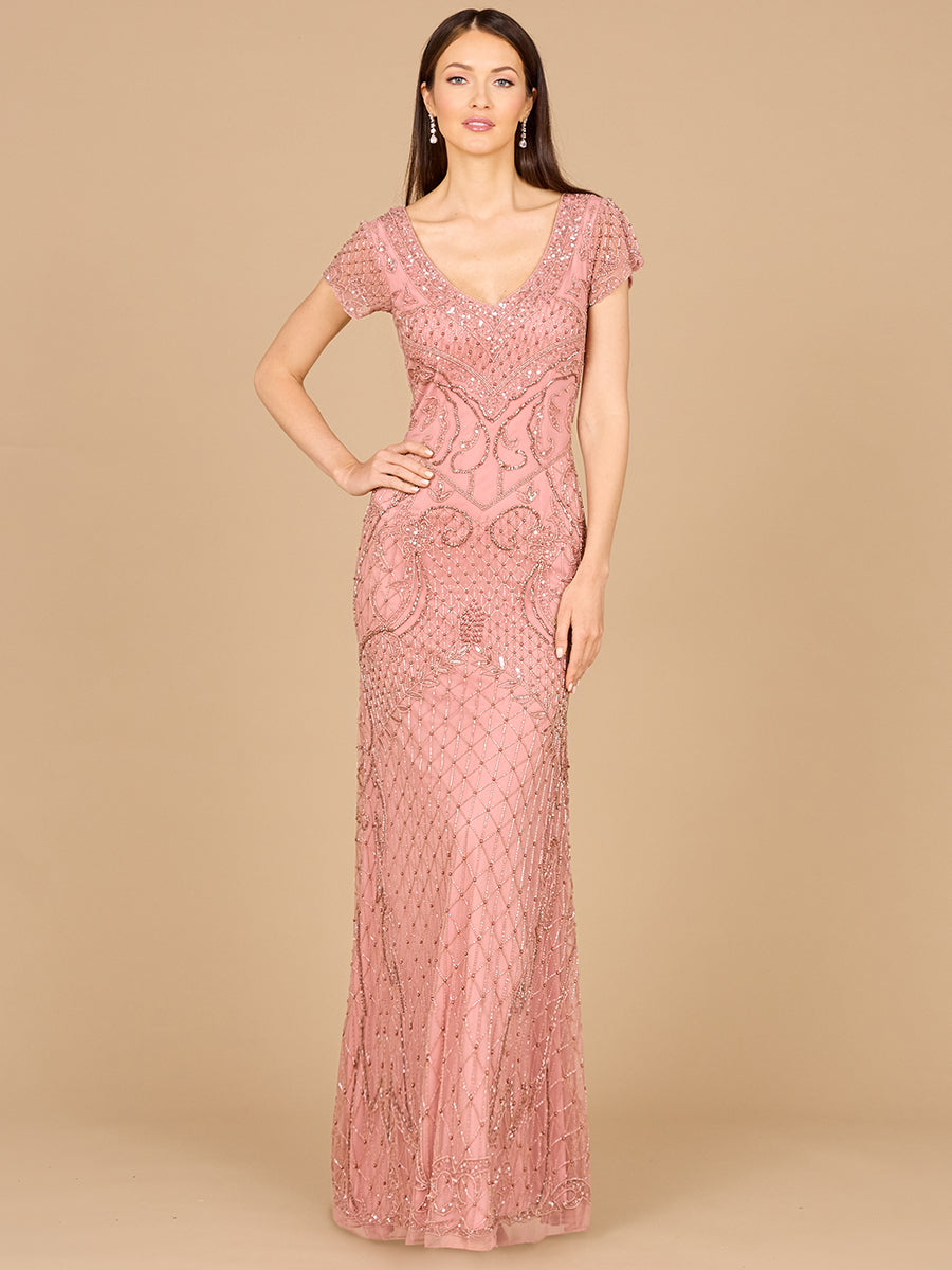 Beaded Cap Sleeve Gown With V-Neckline - OUTLET