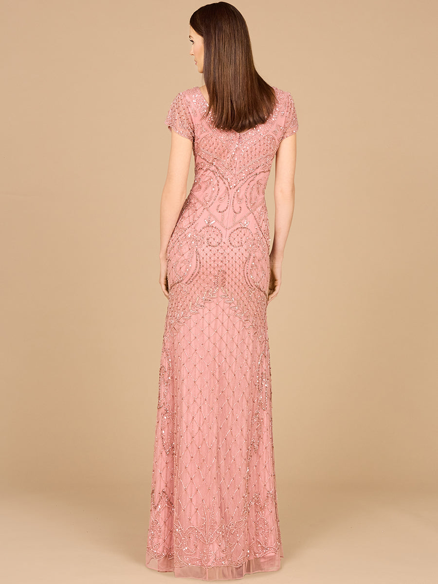 Beaded Cap Sleeve Gown With V-Neckline - OUTLET