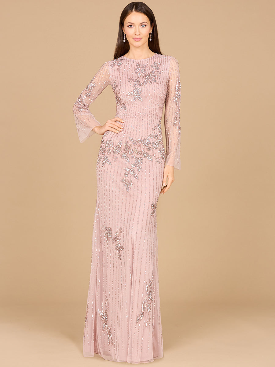 Long Sleeve, High Neck Beaded Gown - OUTLET