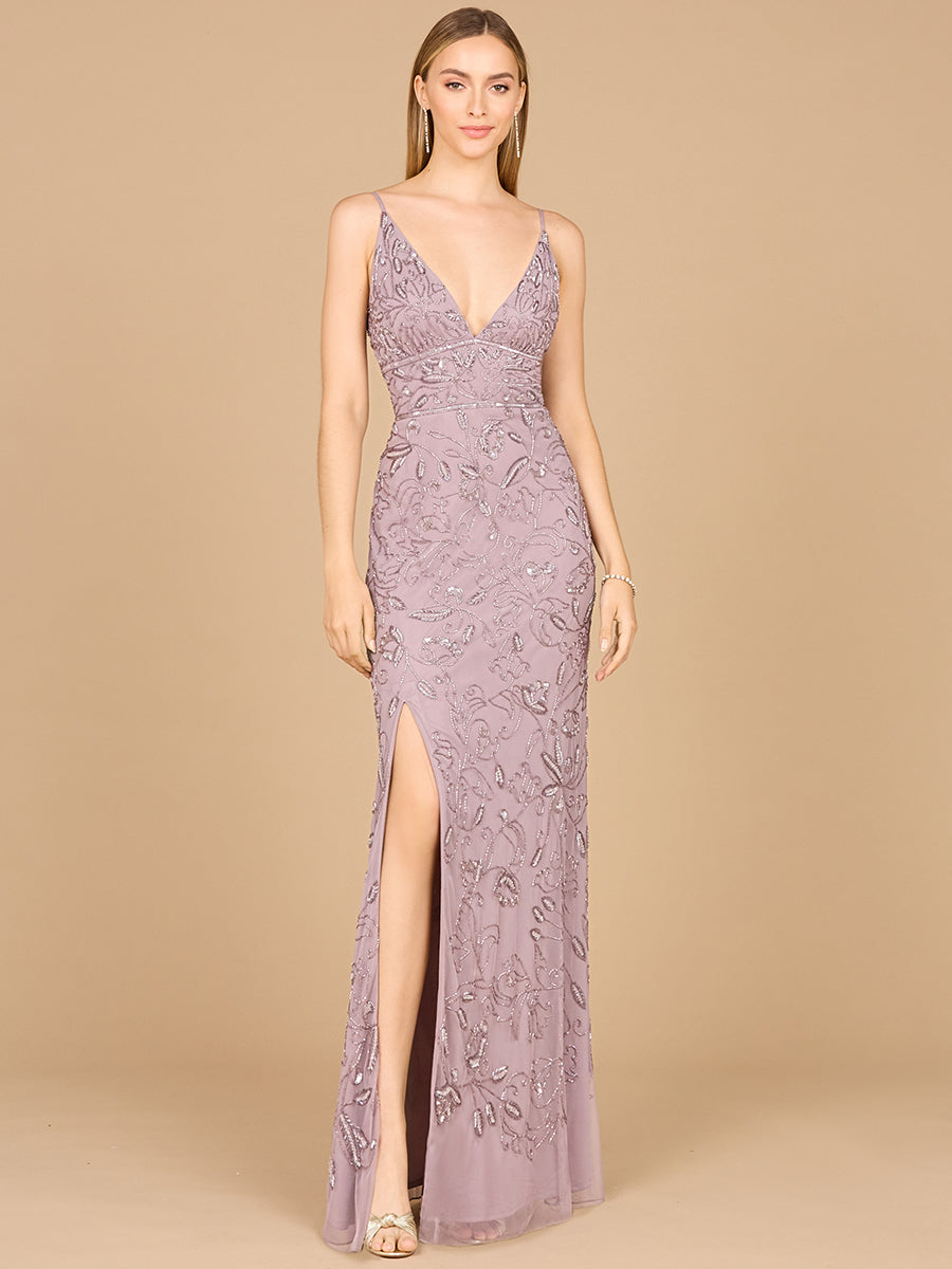 Embellished Gown with Slit And Spaghetti Straps - OUTLET