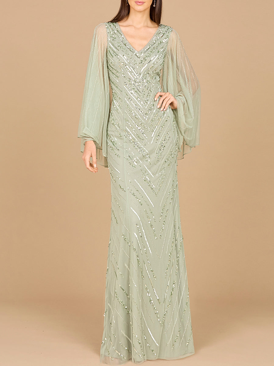 Long Cape Sleeves Beaded Dress - OUTLET