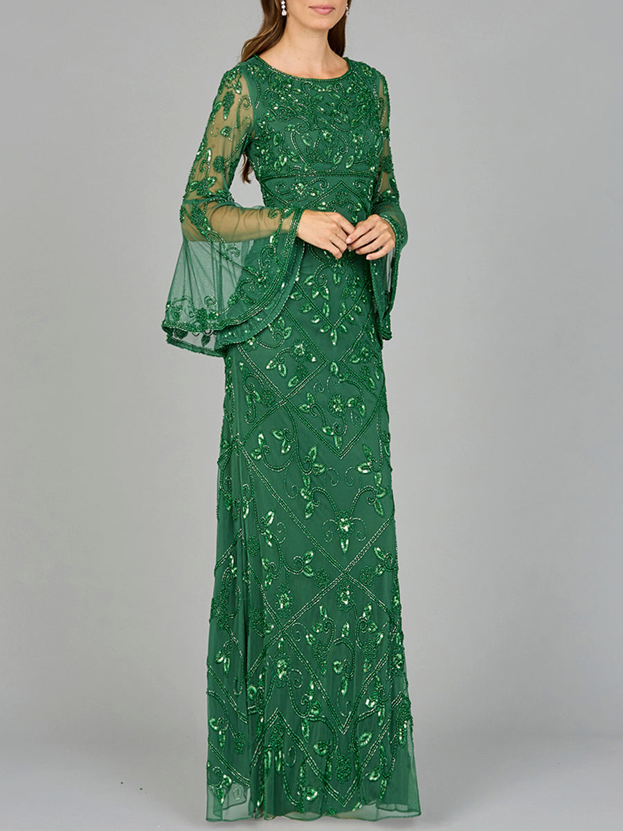 Bell Sleeved High Neck Beaded Gown