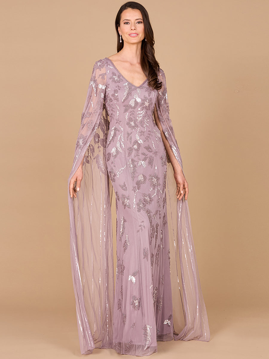 Beaded Sheath Dress with Long Cape