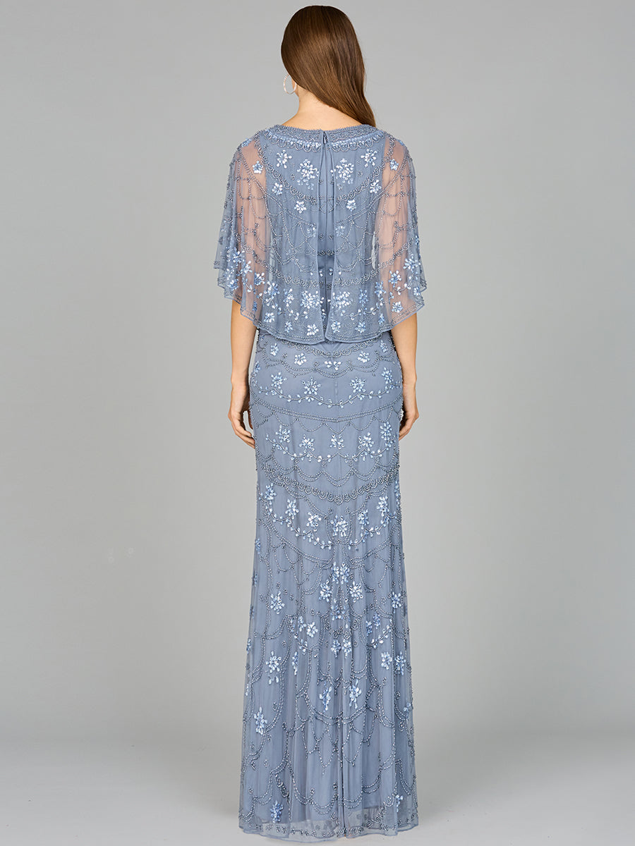 High Neck, Cape Sleeve Beaded Gown - OUTLET
