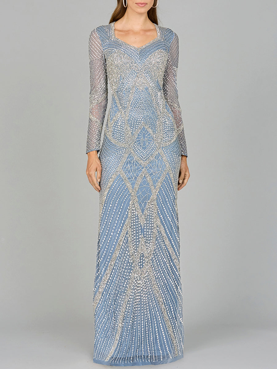 V Neck Beaded Long Sleeve Dress