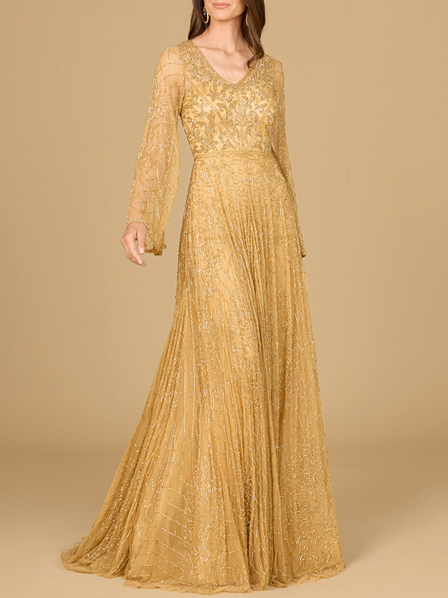 Beaded Long Dress with Flare Sleeves