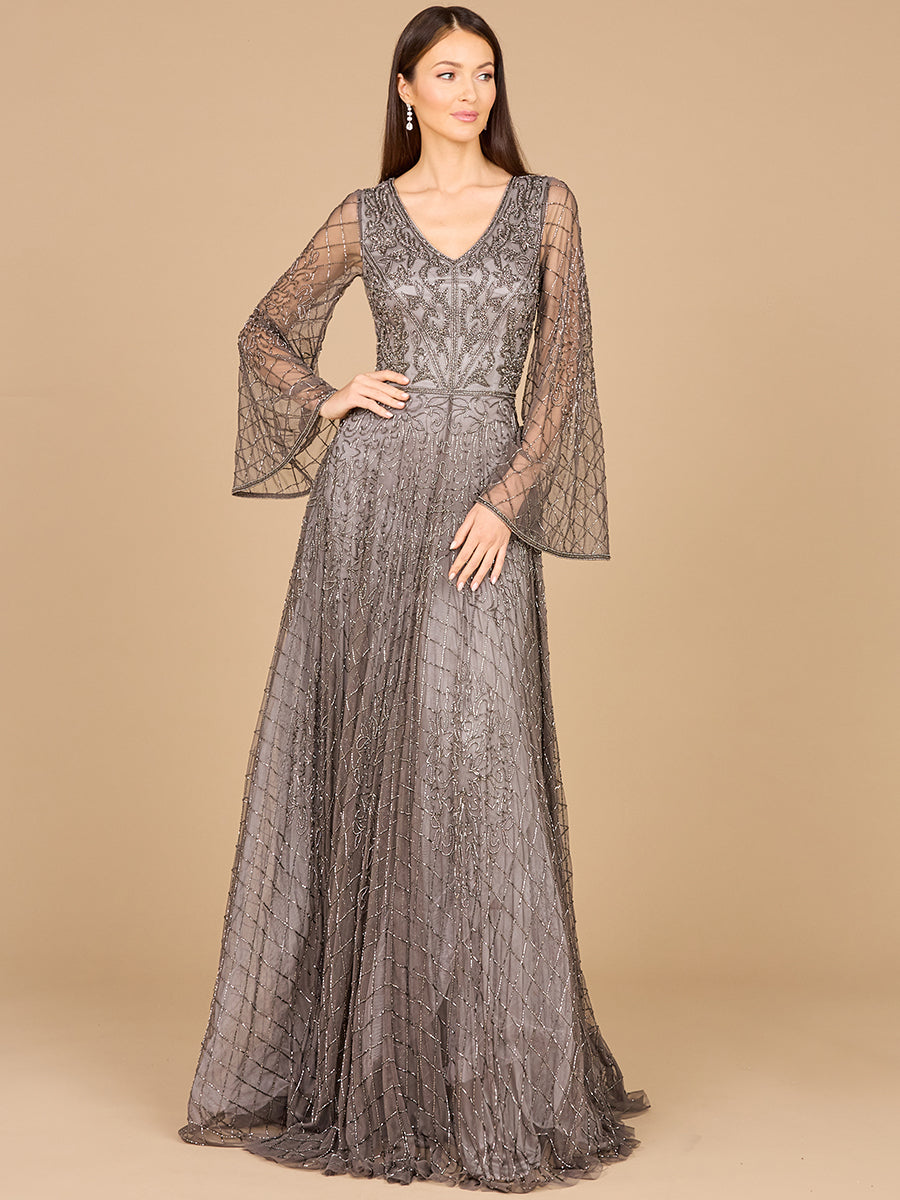 Beaded Long Dress with Flare Sleeves