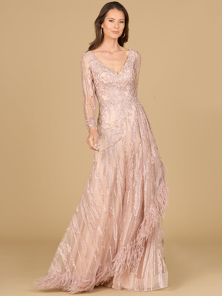 Long Sleeve V-Neck Lace Gown with Feathers
