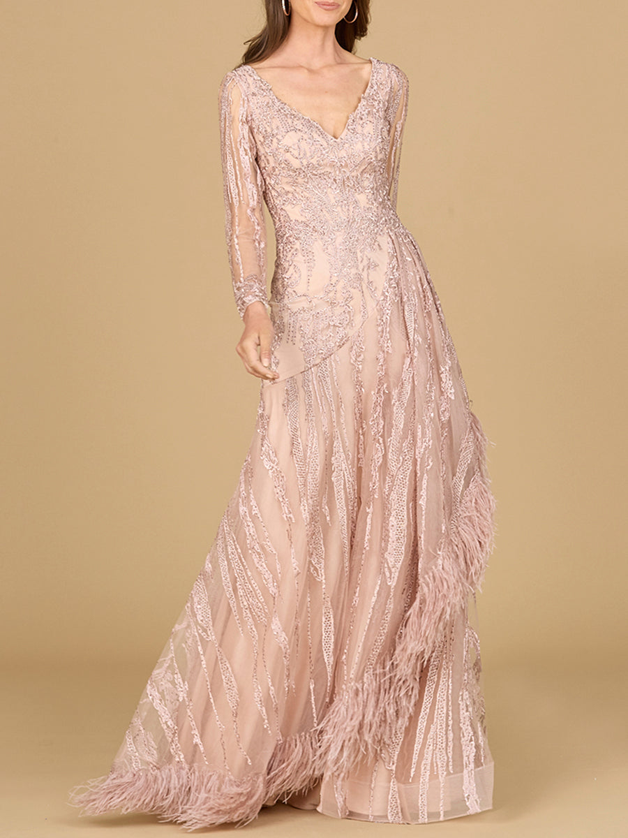 Long Sleeve V-Neck Lace Gown with Feathers