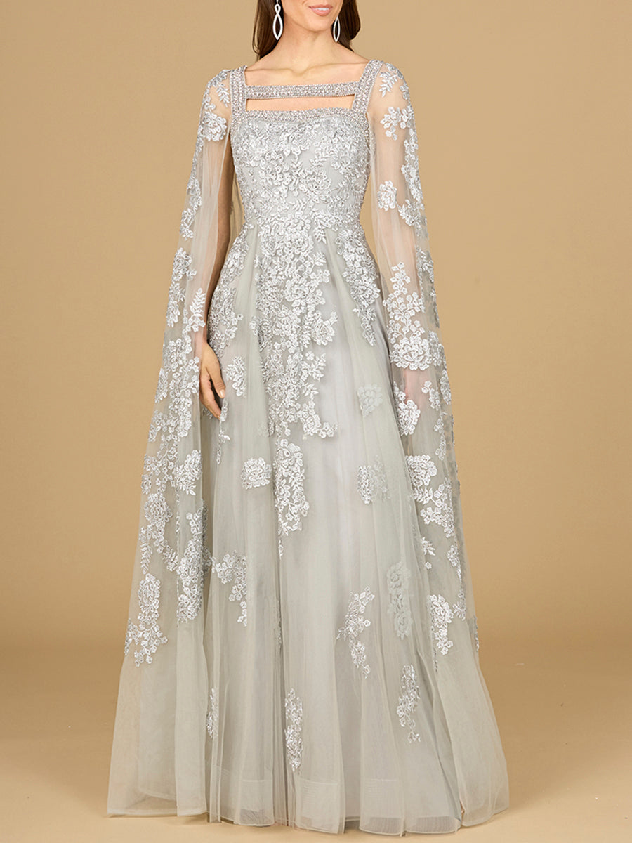 Lace Embroidered Gown with Long Cape Sleeves