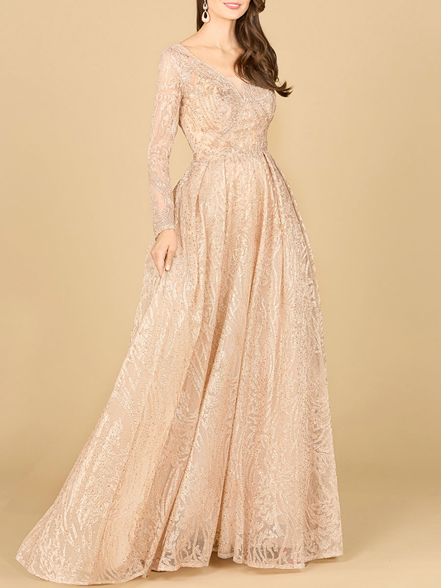 Long Sleeve, A-line Gown with a V-Neckline