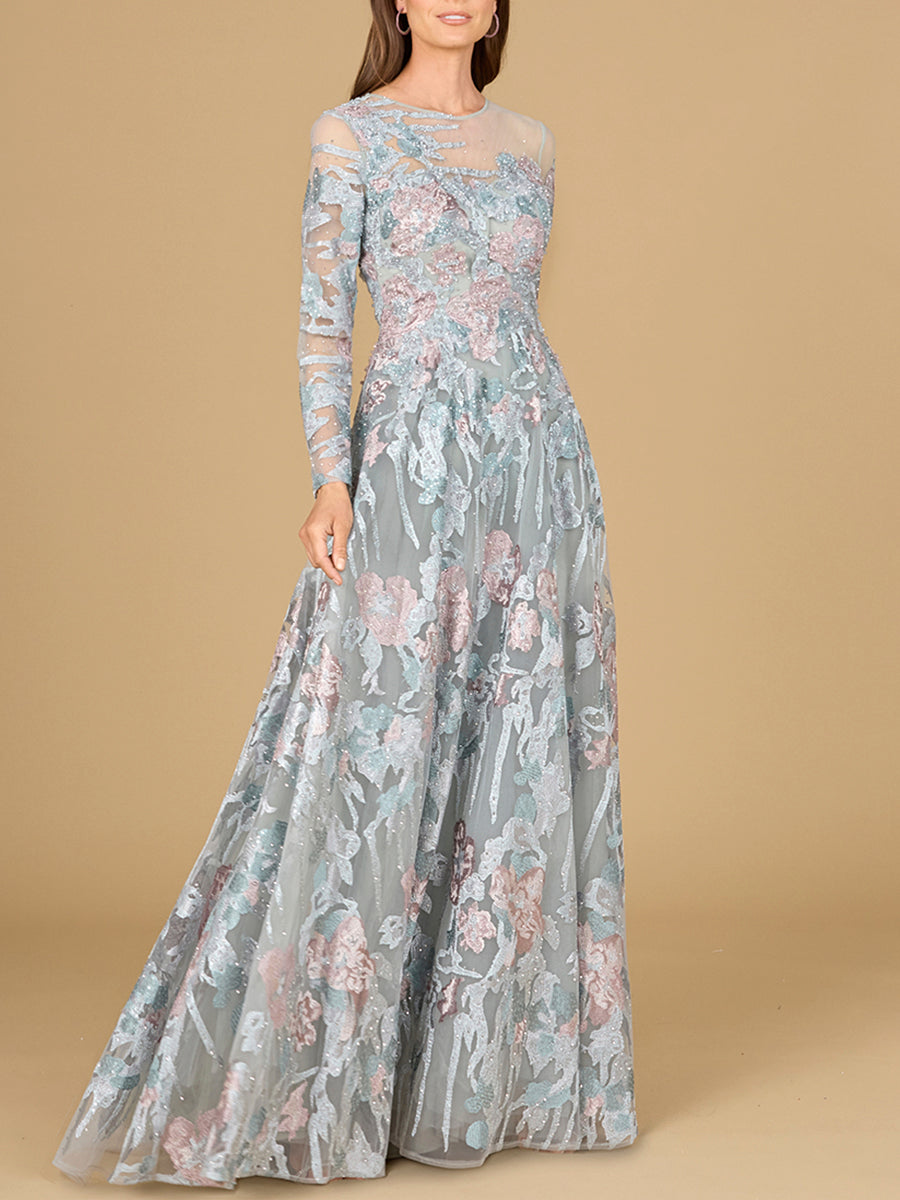 Illusion Neck, Long Sleeve Ballgown