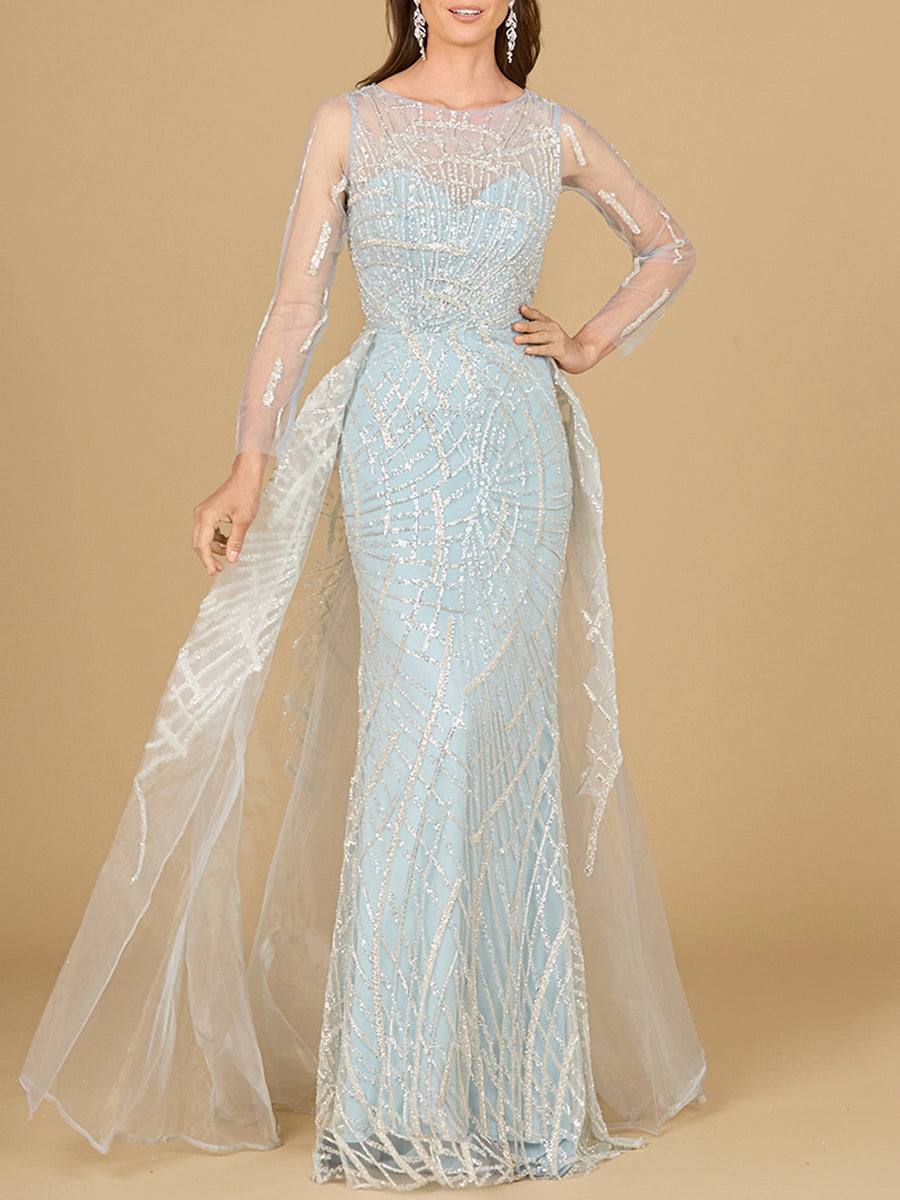 Long Sleeve Lace Gown with Tulle Overskirt