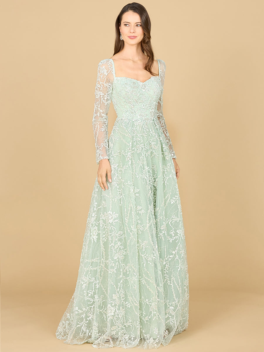 Long Sleeve Beaded Lace Gown