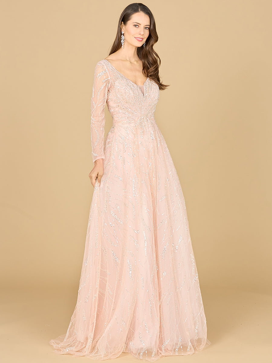 Long Sleeve Beaded Lace Gown