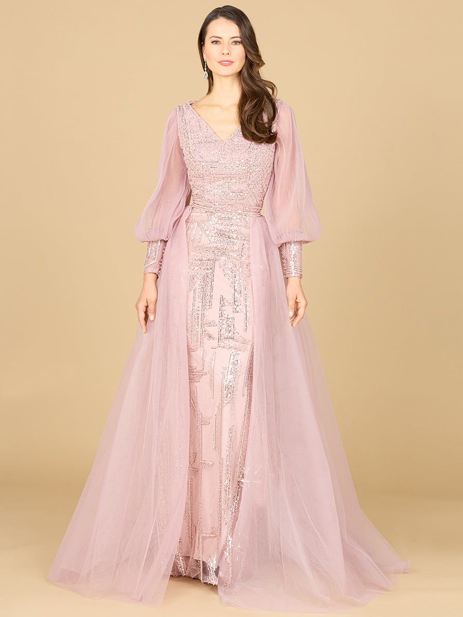 Long Sleeve Lace Gown with Removable Over Skirt